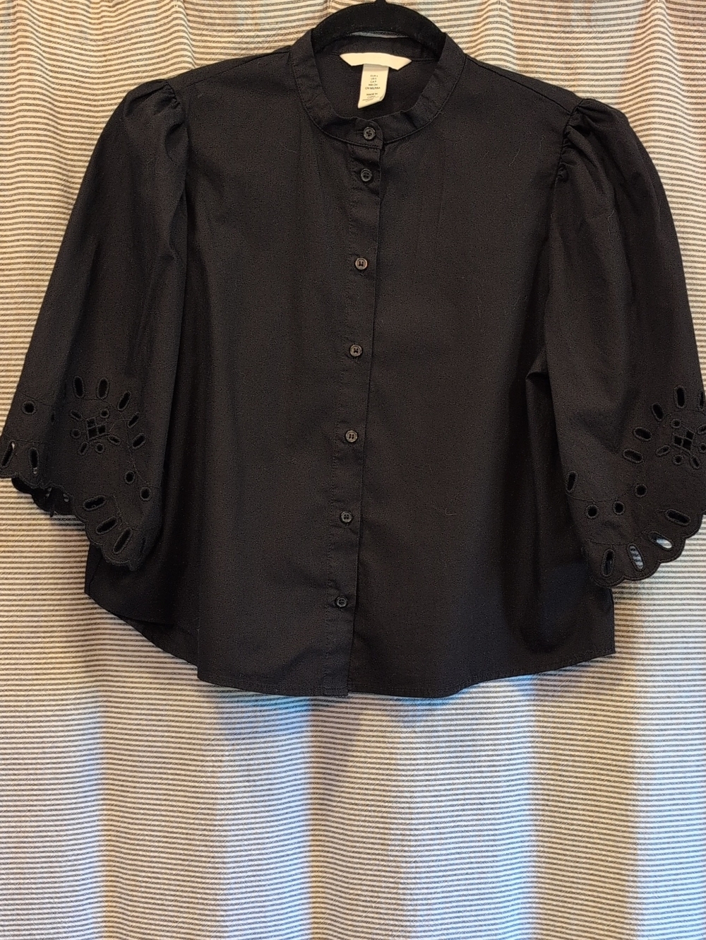 H&M Black Button-Down Top with Eyelet Puff Sleeves
